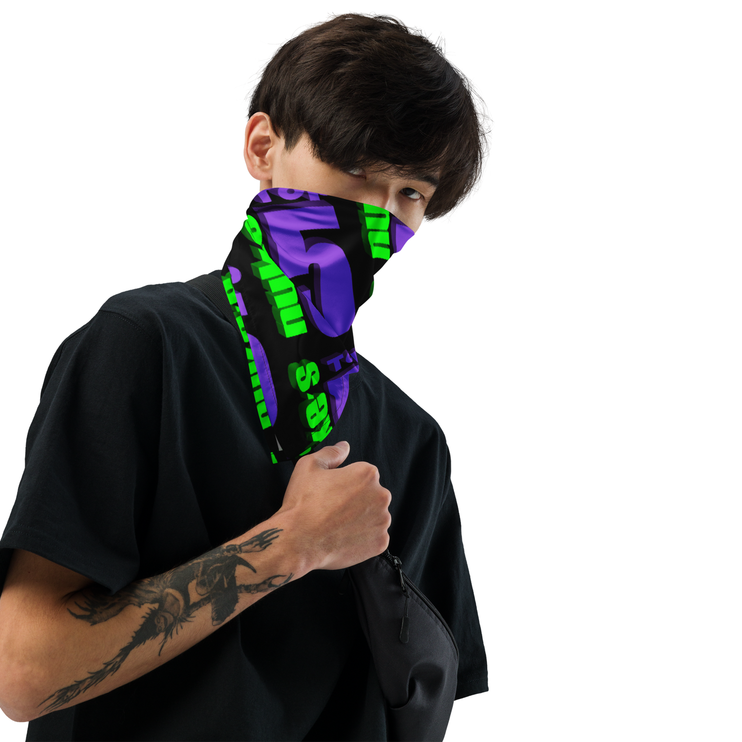 A person wearing a Nuke's Top 5 bandana over the face