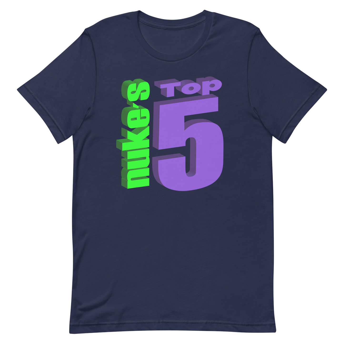 Navy blue t-shirt with Nuke's Top 5 logo on front and "Did you see it" on the back