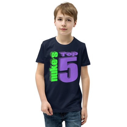 Child wearing navy blue t shirt with Nuke's Top 5 logo on front and "Did you see it" on the back